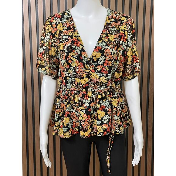 Madewell Tops - Madewell Women's M Yellow Blouse Polyester Top Floral Peplum Wrap Boho V-Neck